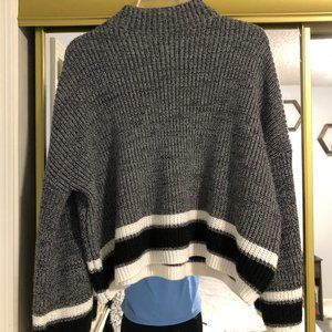 SHEIN Gray with White and Black Striped Turtleneck Cropped Sweater
